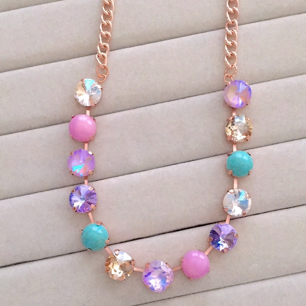 Turquoise, Violet Purple,Pink +Champagne Topaz Rose Gold Crystal Tennis Necklace - Picture 3 of 13